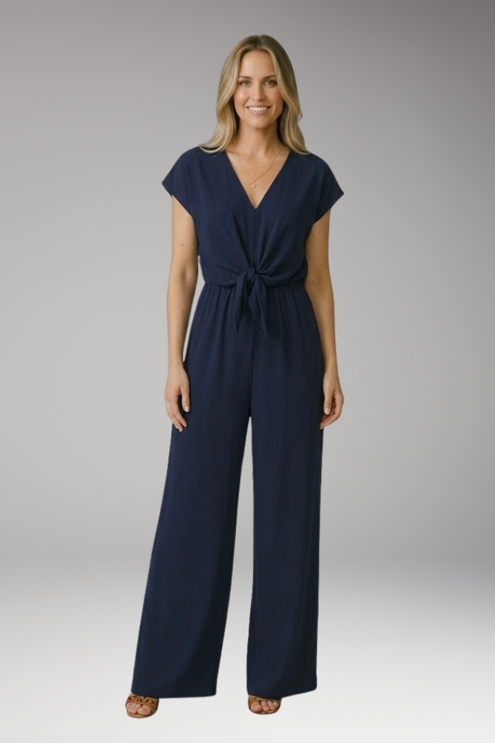 Women's Jumpsuit with Short Sleeve and Waist Tie