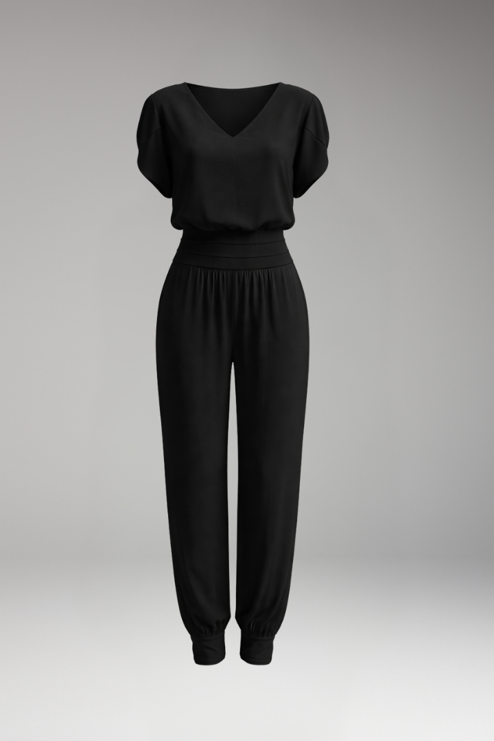Women's Jumpsuit with Short Sleeves and Elastic Waistband