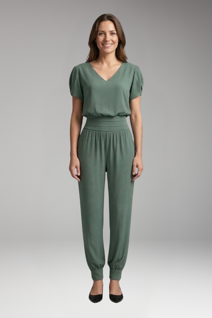 Women's Jumpsuit with Short Sleeves and Elastic Waistband