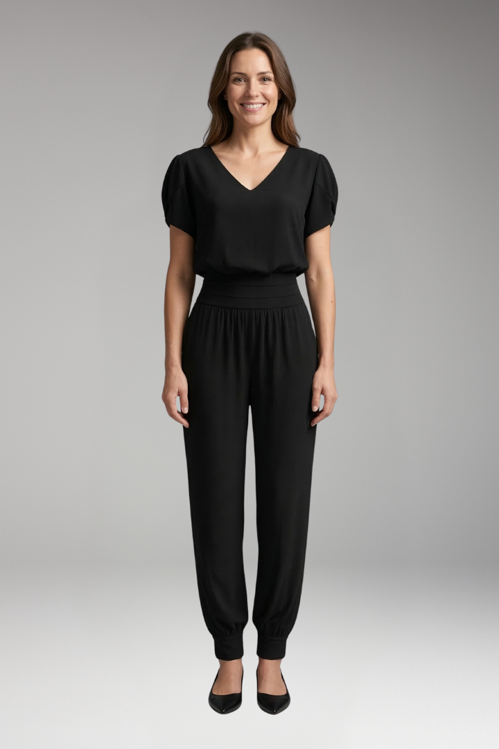 Women's Jumpsuit with Short Sleeves and Elastic Waistband