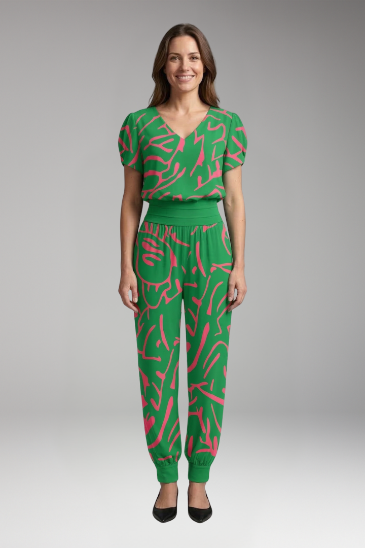 Women's Jumpsuit with Short Sleeves and Elastic Waistband