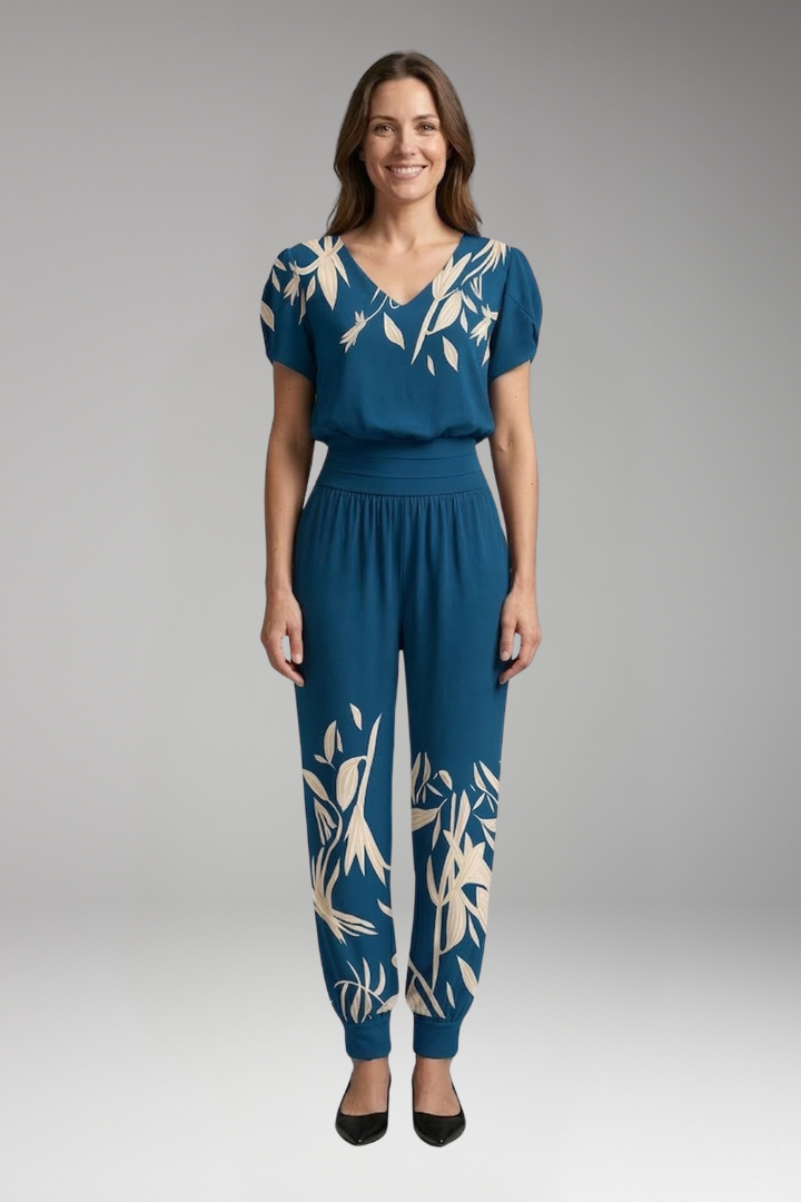 Women's Jumpsuit with Short Sleeves and Elastic Waistband
