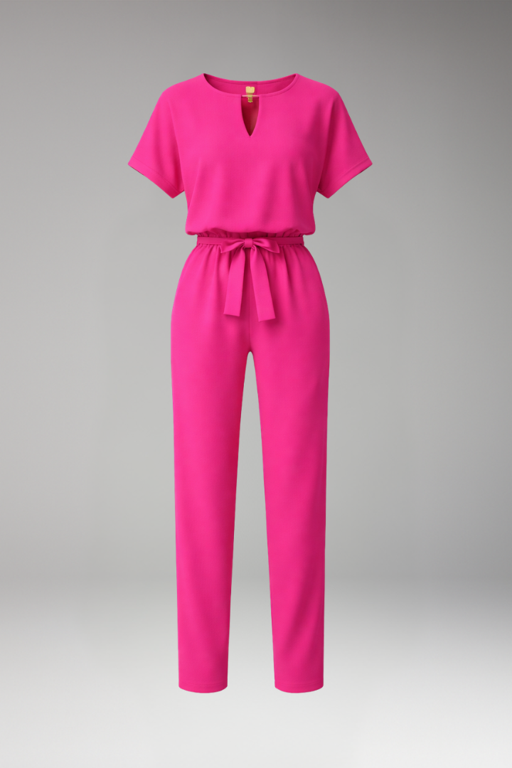 Women's Jumpsuit with Short Sleeves and Waist Tie Belt