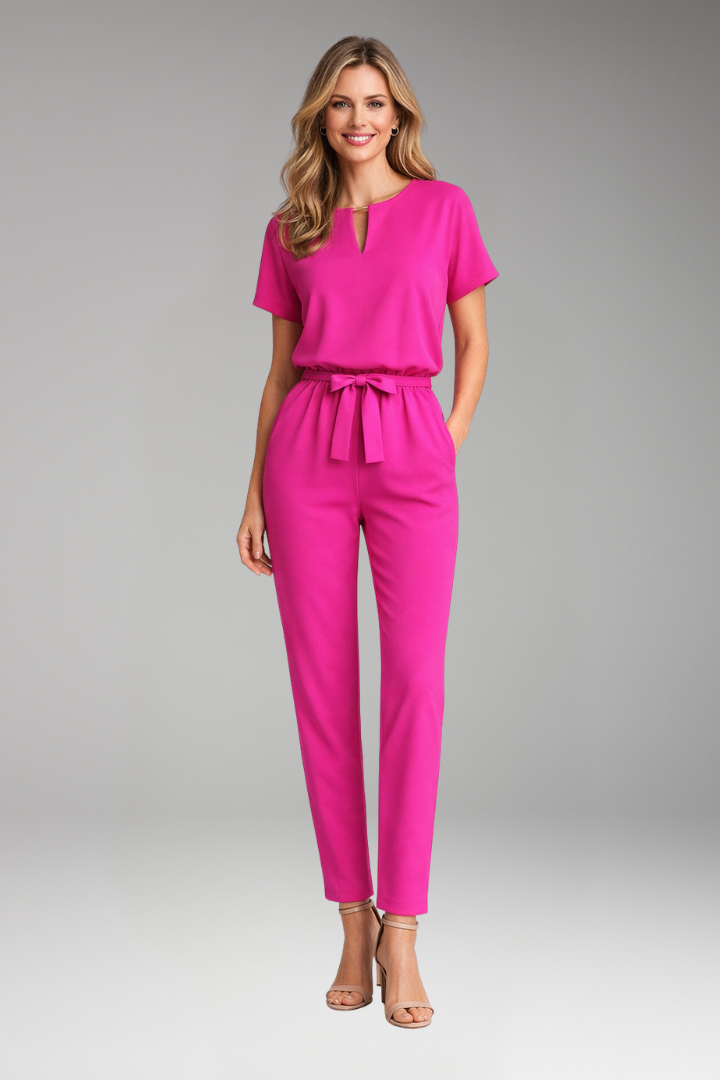 Women's Jumpsuit with Short Sleeves and Waist Tie Belt