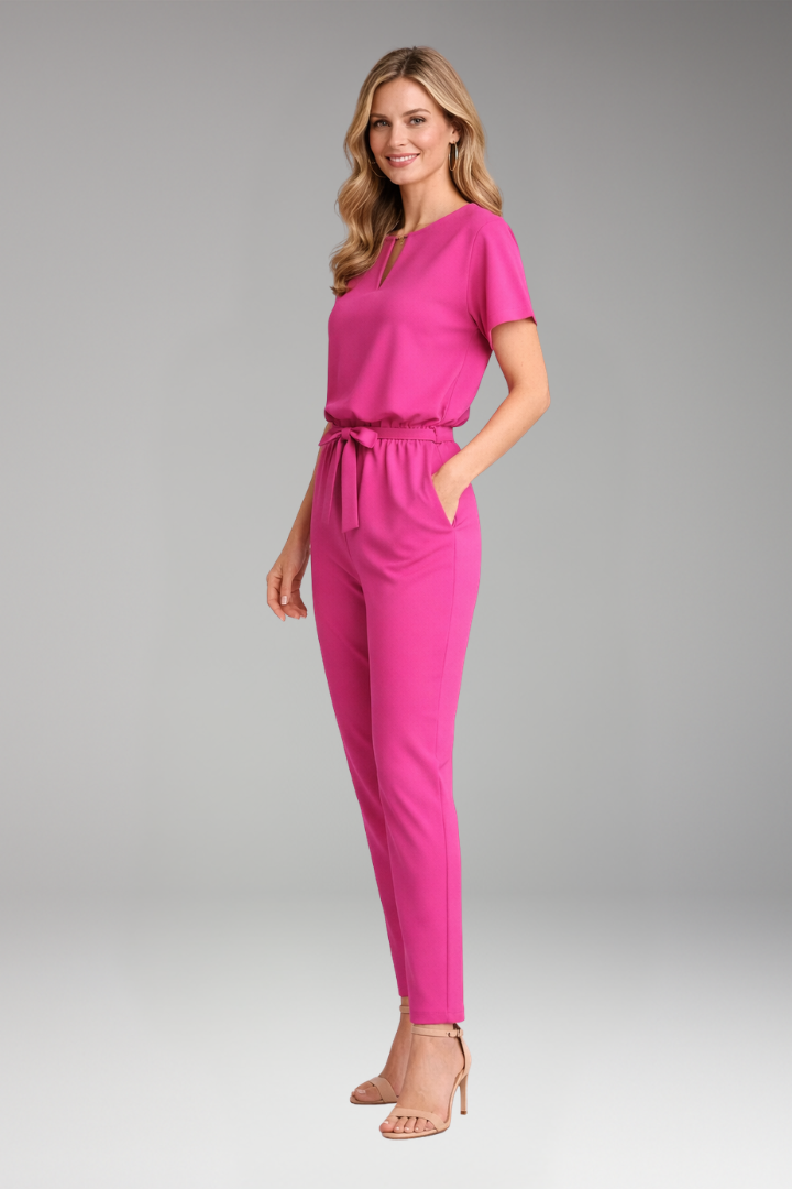 Women's Jumpsuit with Short Sleeves and Waist Tie Belt