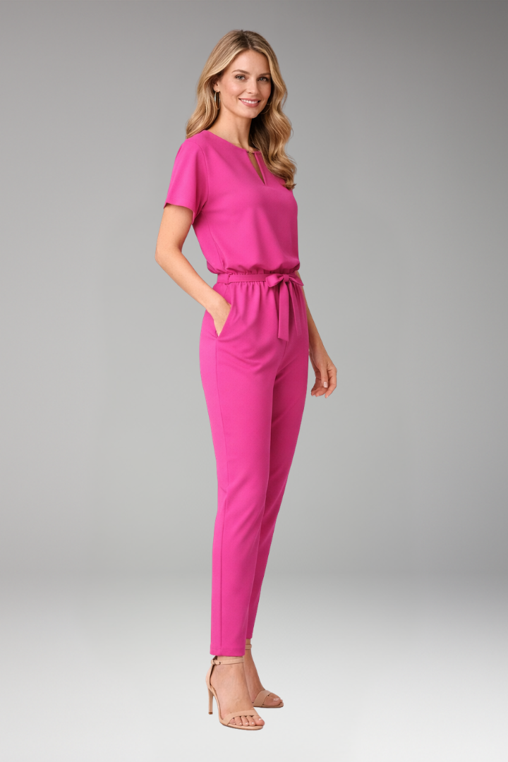 Women's Jumpsuit with Short Sleeves and Waist Tie Belt
