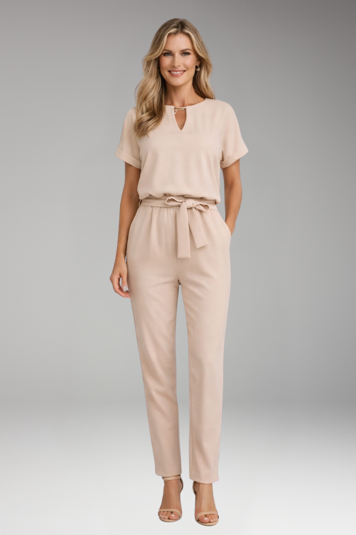 Women's Jumpsuit with Short Sleeves and Waist Tie Belt