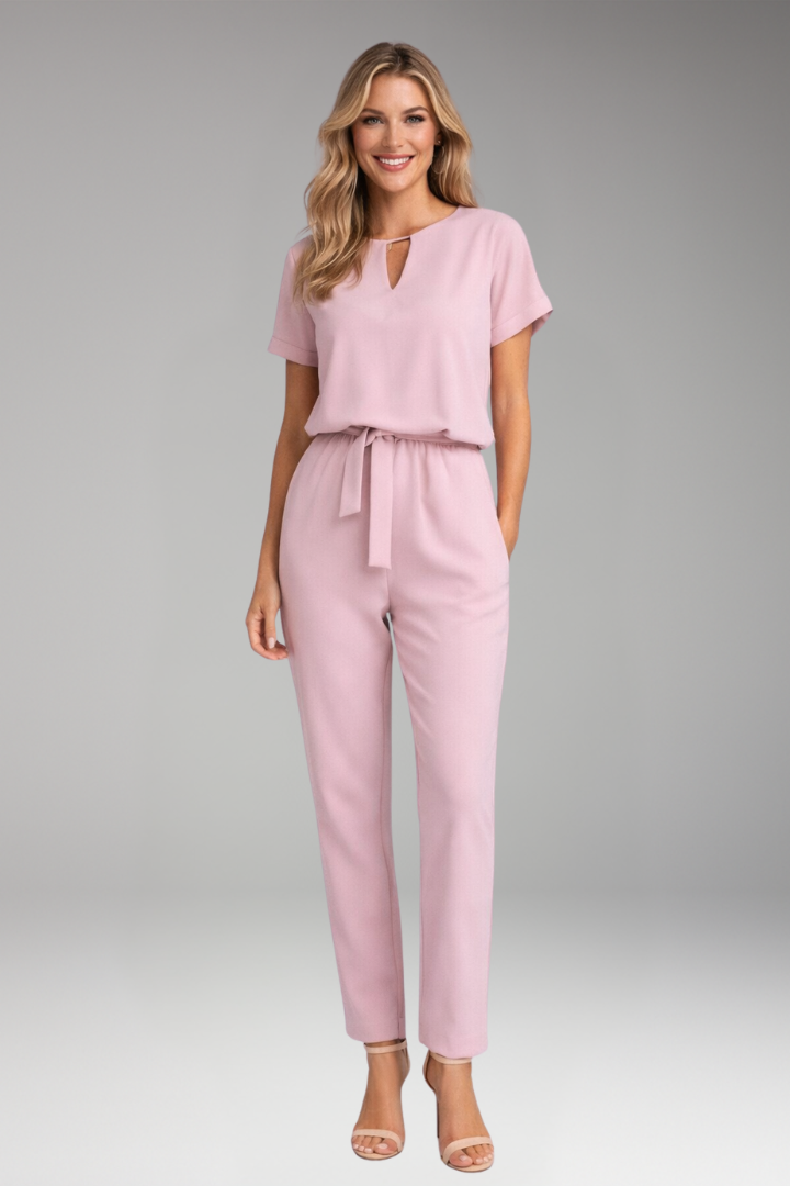 Women's Jumpsuit with Short Sleeves and Waist Tie Belt