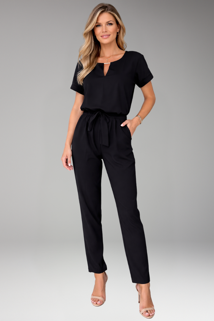 Women's Jumpsuit with Short Sleeves and Waist Tie Belt