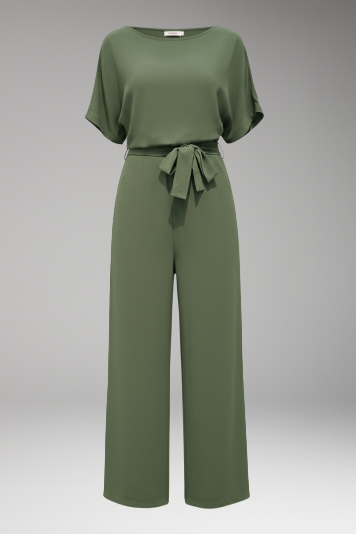 Women's Jumpsuit with Short Sleeves and Waist Tie