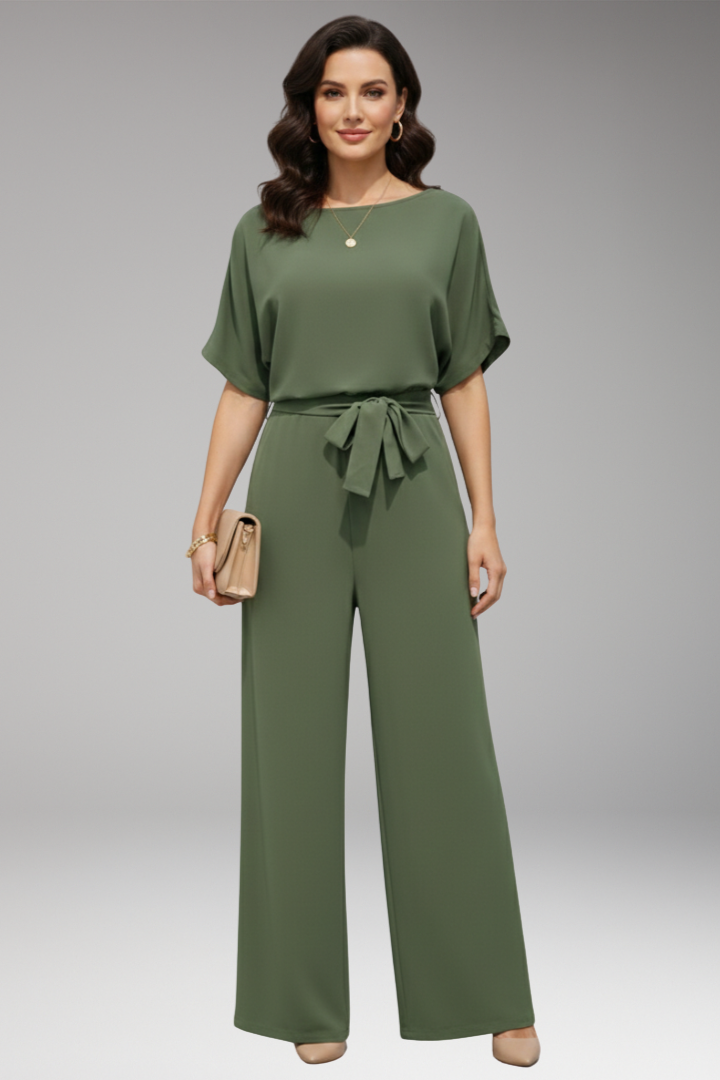 Women's Jumpsuit with Short Sleeves and Waist Tie