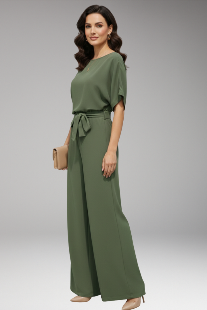 Women's Jumpsuit with Short Sleeves and Waist Tie