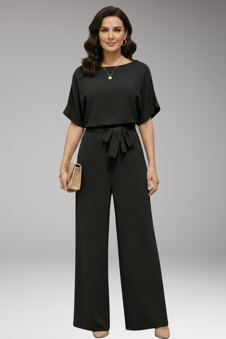 Women's Jumpsuit with Short Sleeves and Waist Tie