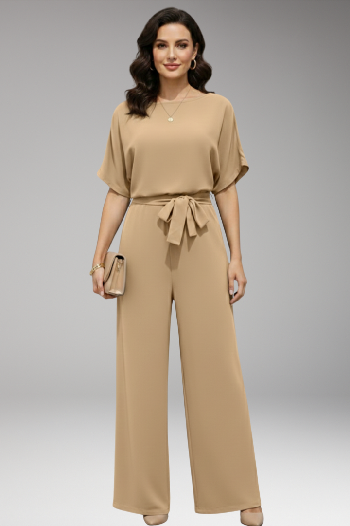 Women's Jumpsuit with Short Sleeves and Waist Tie