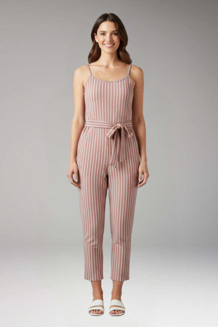 Women's Jumpsuit with Shoulder Straps and Waist Tie