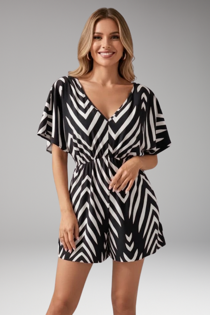 Women's Jumpsuit with V Neck and Chevron Pattern