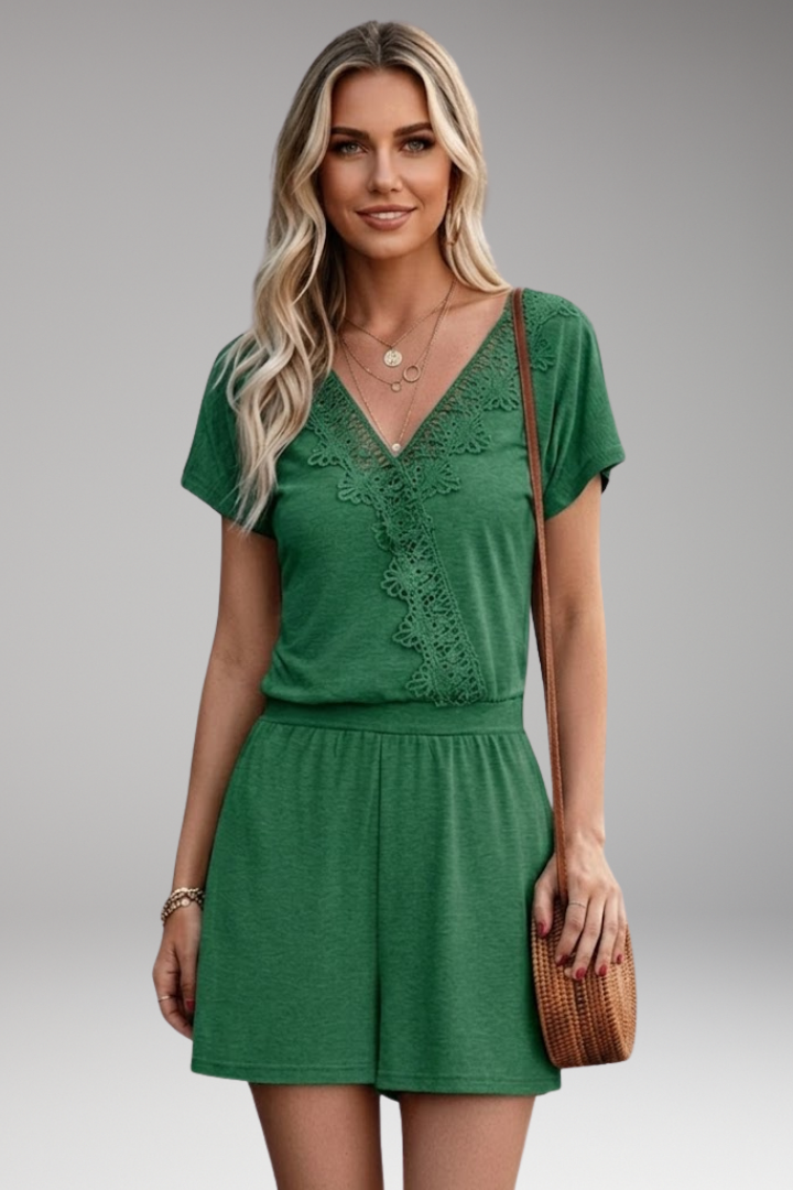 Women's Jumpsuit with V Neck and Crochet Trim