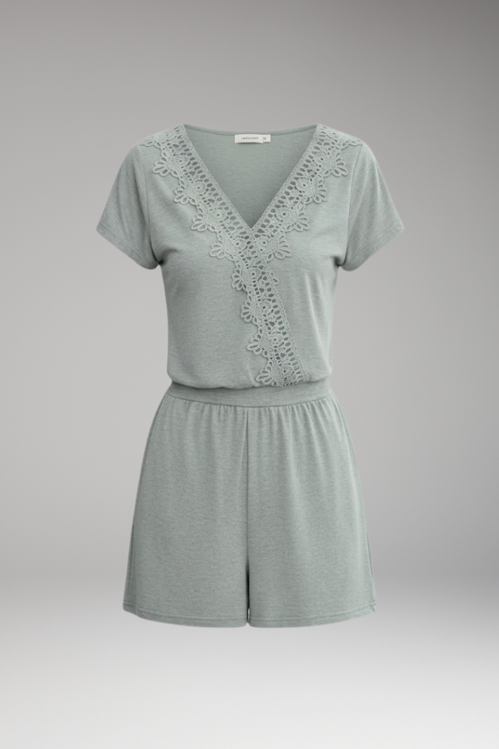 Women's Jumpsuit with V Neck and Crochet Trim