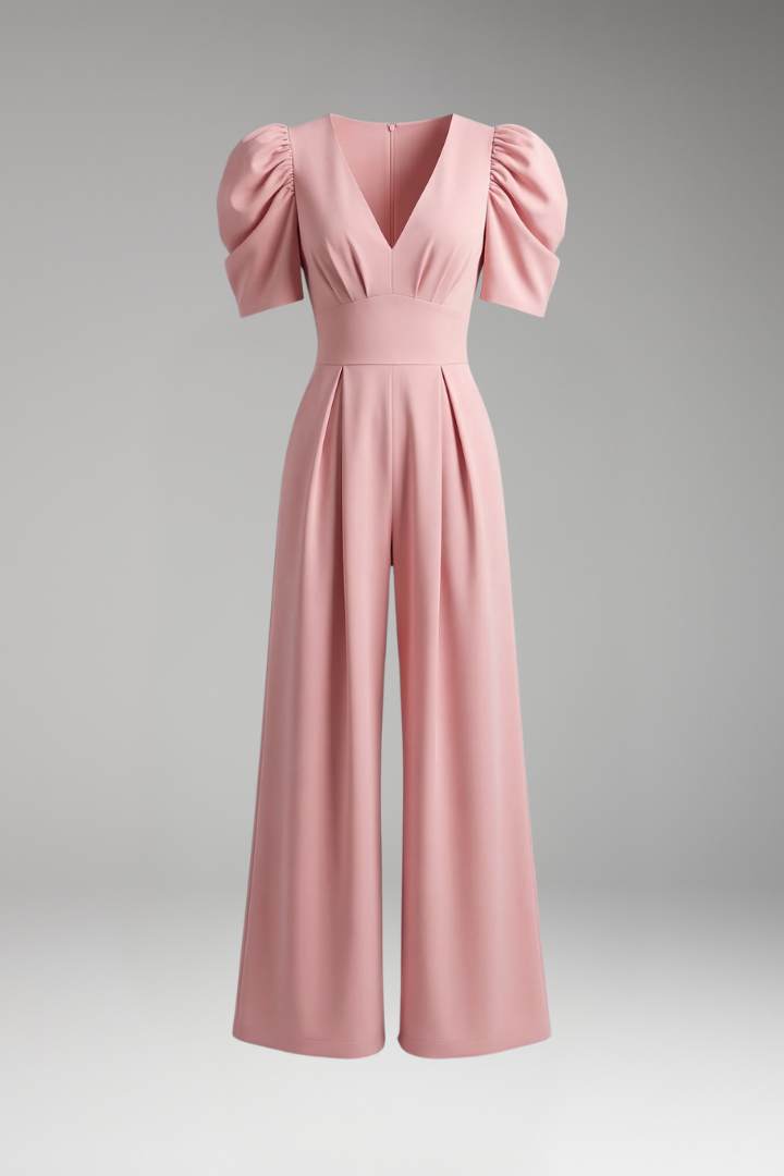 Women's Jumpsuit with V Neck and Puff Sleeves