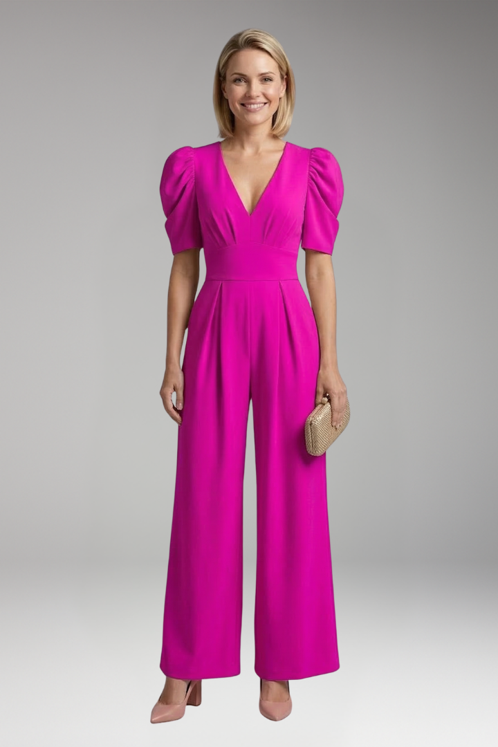 Women's Jumpsuit with V Neck and Puff Sleeves
