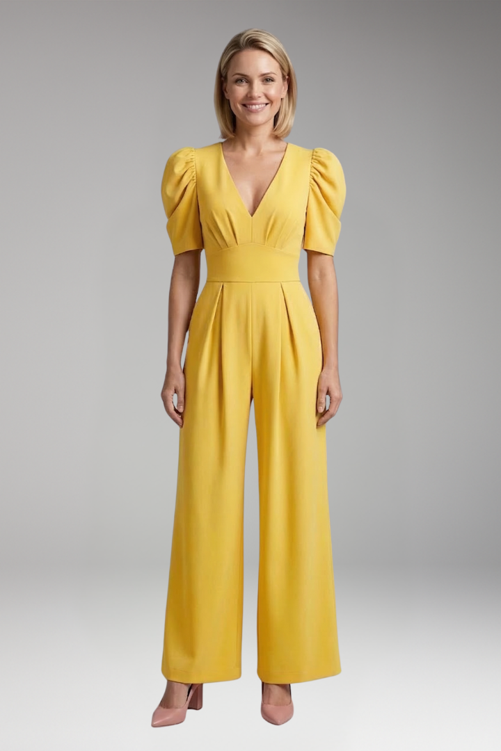 Women's Jumpsuit with V Neck and Puff Sleeves