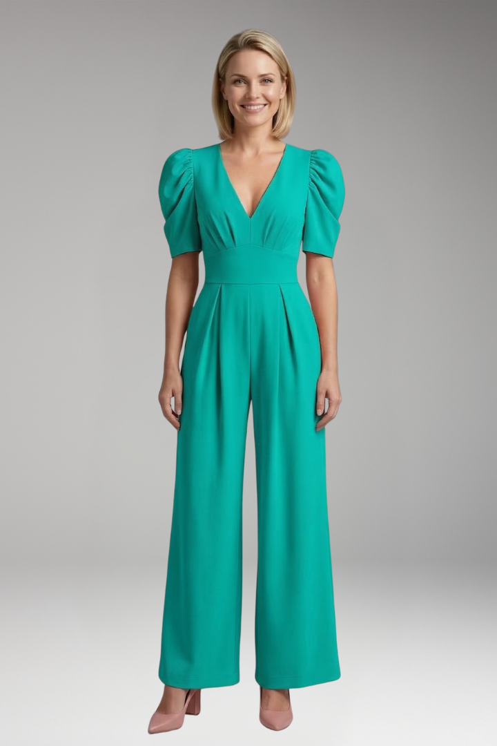 Women's Jumpsuit with V Neck and Puff Sleeves