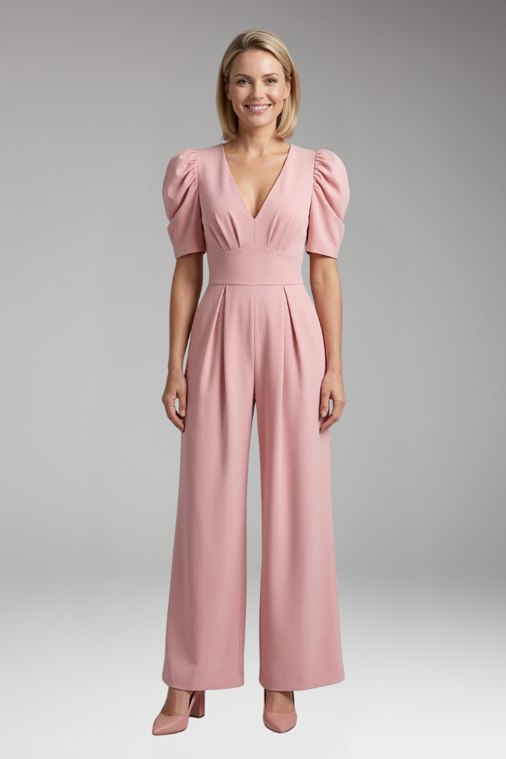 Women's Jumpsuit with V Neck and Puff Sleeves