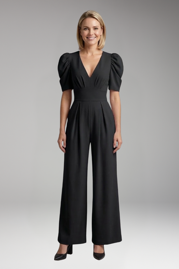 Women's Jumpsuit with V Neck and Puff Sleeves