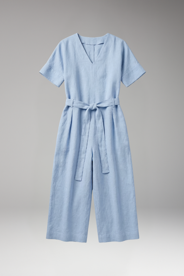 Women's Jumpsuit with V Neck and Waist Tie Belt