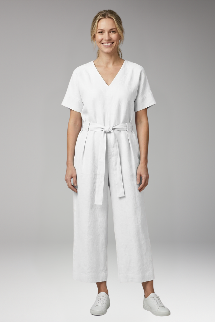 Women's Jumpsuit with V Neck and Waist Tie Belt