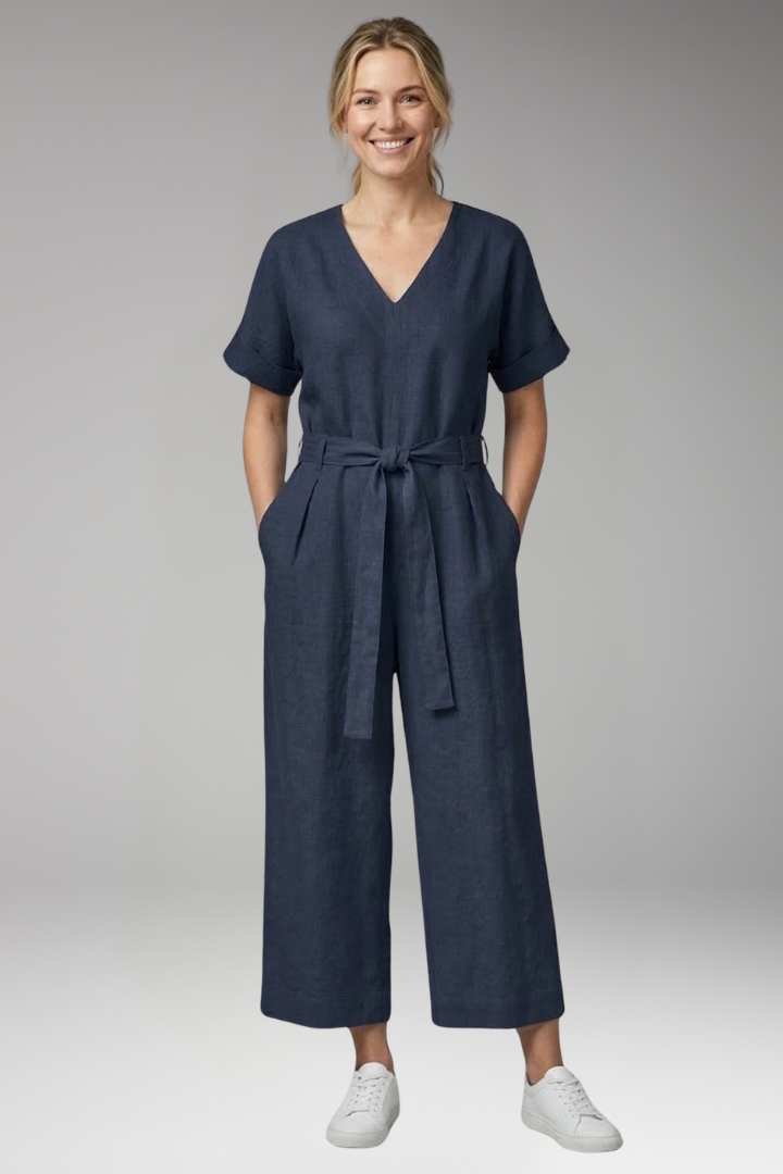 Women's Jumpsuit with V Neck and Waist Tie Belt