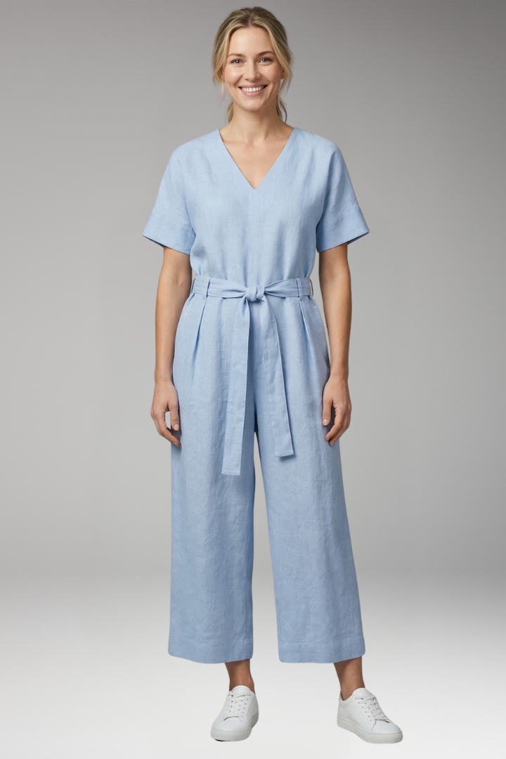 Women's Jumpsuit with V Neck and Waist Tie Belt