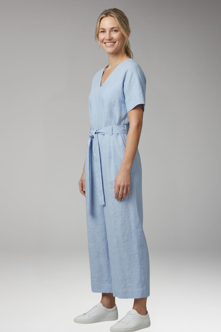 Women's Jumpsuit with V Neck and Waist Tie Belt