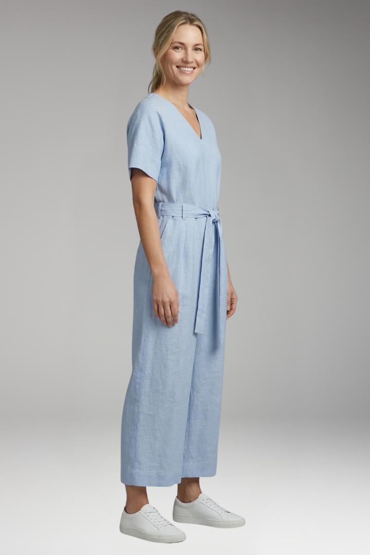 Women's Jumpsuit with V Neck and Waist Tie Belt
