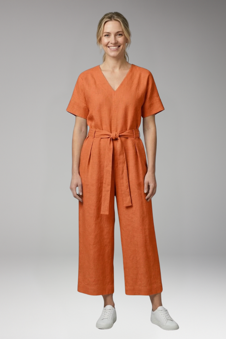 Women's Jumpsuit with V Neck and Waist Tie Belt
