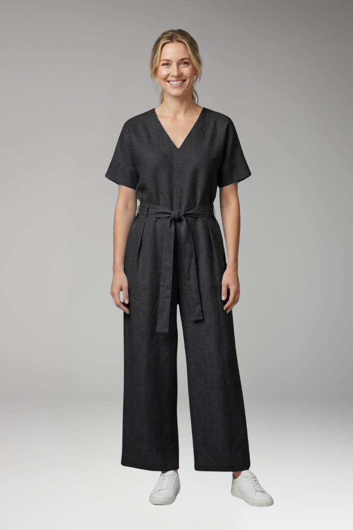 Women's Jumpsuit with V Neck and Waist Tie Belt