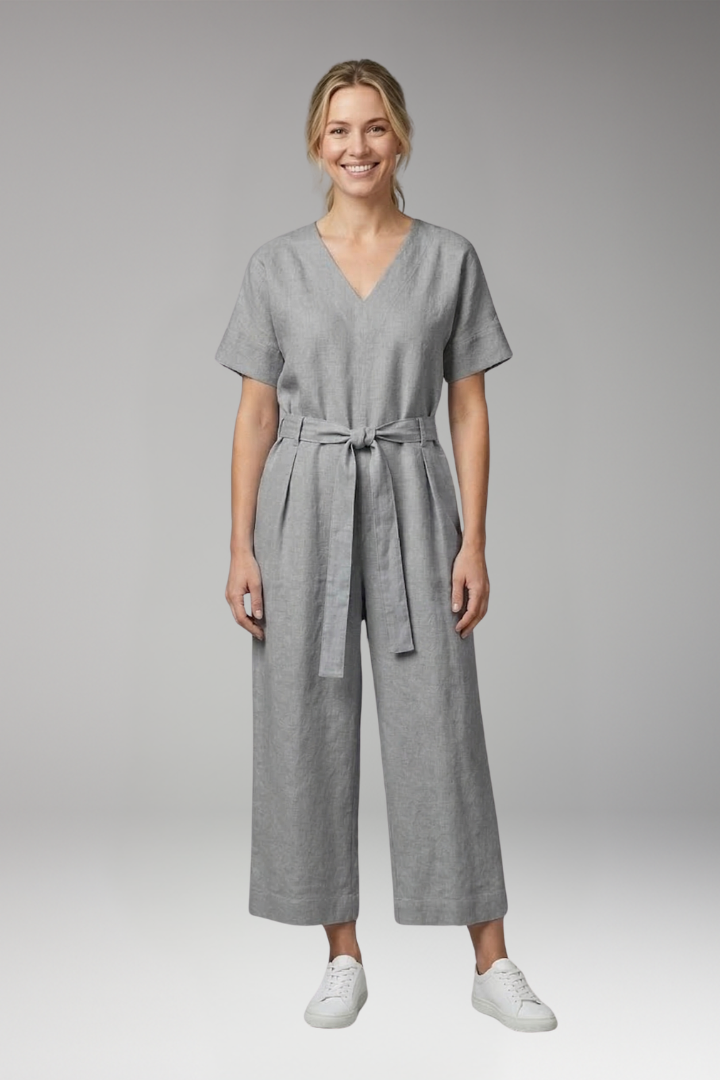 Women's Jumpsuit with V Neck and Waist Tie Belt