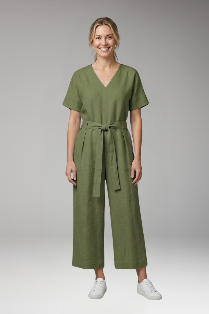 Women's Jumpsuit with V Neck and Waist Tie Belt