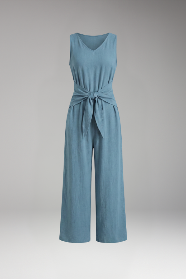 Women's Jumpsuit with V Neck and Waist Tie