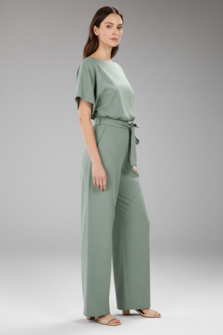 Women's Jumpsuit with Wide Legs and Tie Belt