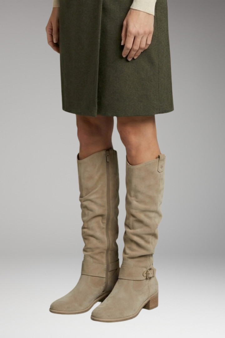 Women's Knee-High Boots with Perforated Shaft and Ankle Buckle