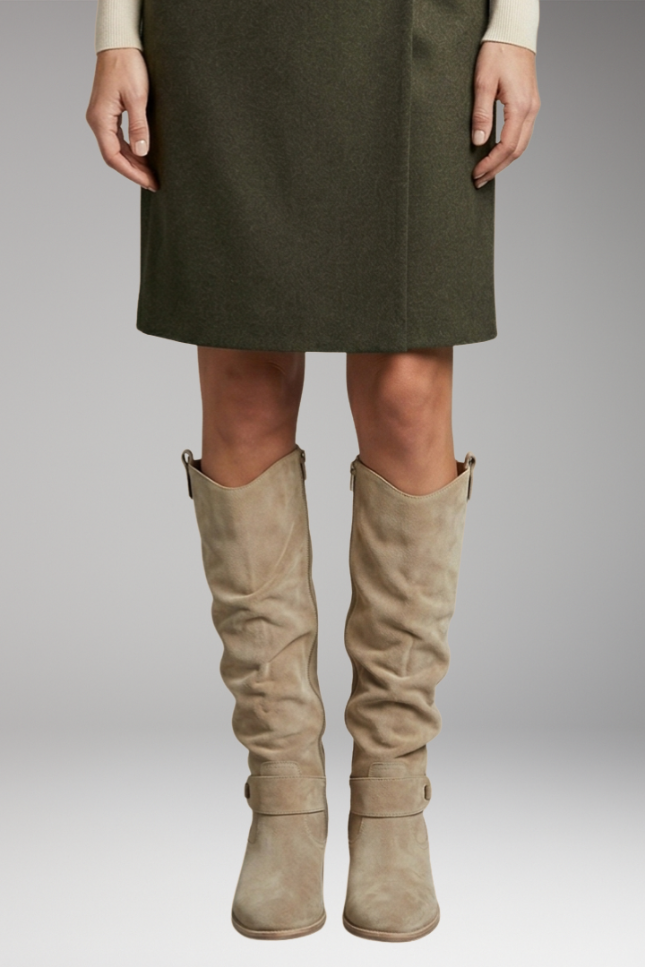 Women's Knee-High Boots with Perforated Shaft and Ankle Buckle