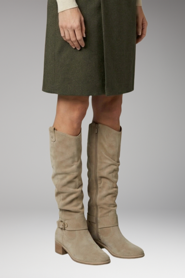 Women's Knee-High Boots with Perforated Shaft and Ankle Buckle