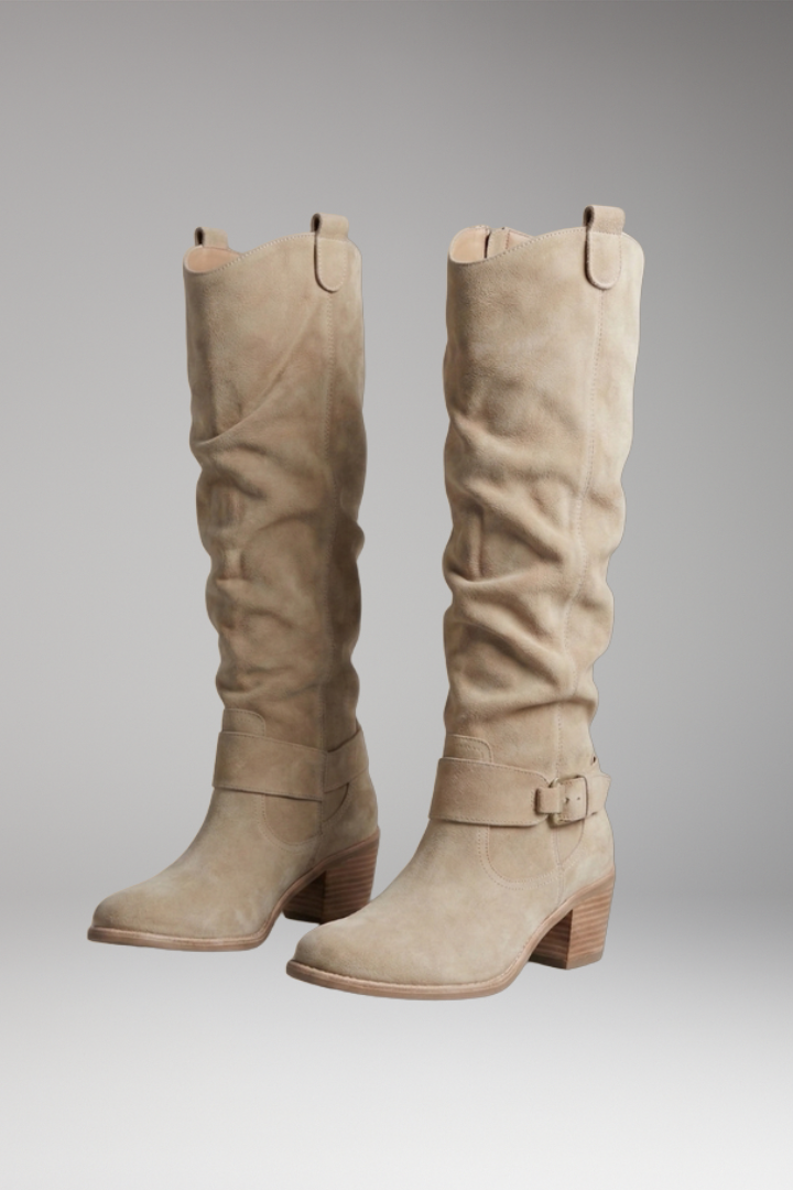 Women's Knee-High Boots with Perforated Shaft and Ankle Buckle