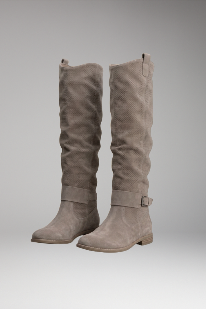 Women's Knee-High Boots with Perforated Shaft and Buckle Detail