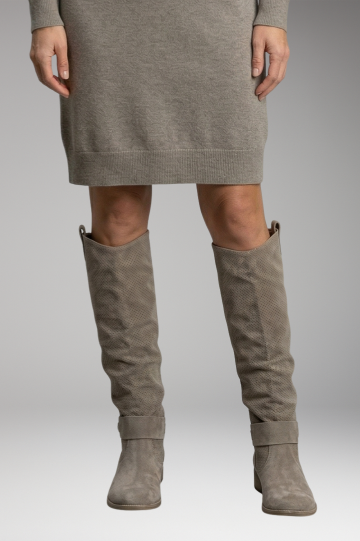 Women's Knee-High Boots with Perforated Shaft and Buckle Detail