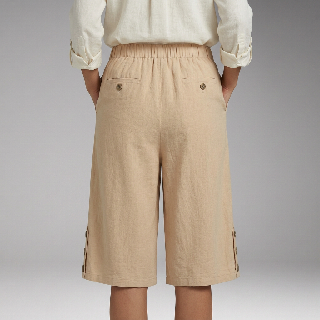 Women's Knee-Length Bermuda Shorts with Elastic Waist and Button Details