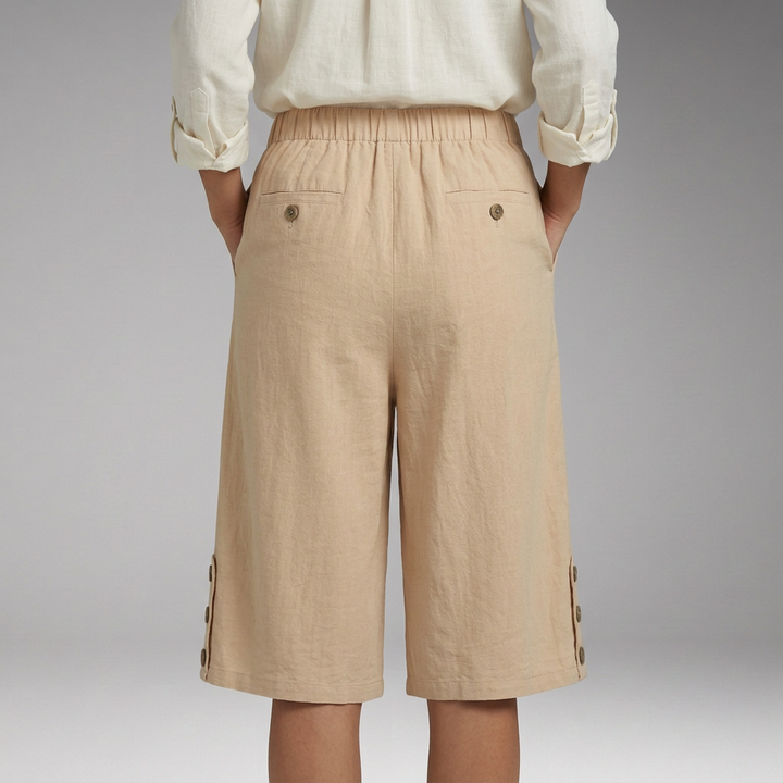 Women's Knee-Length Bermuda Shorts with Elastic Waist and Button Details