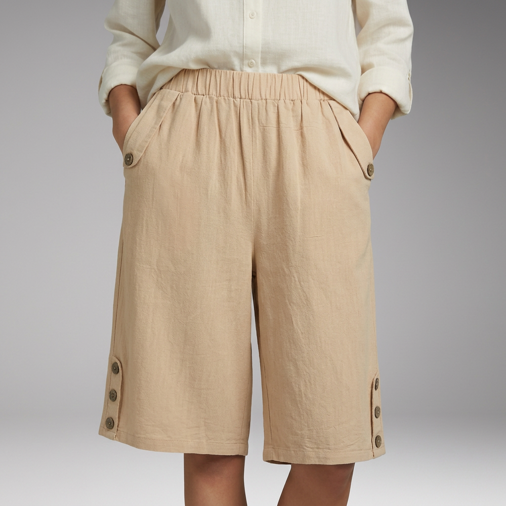 Women's Knee-Length Bermuda Shorts with Elastic Waist and Button Details