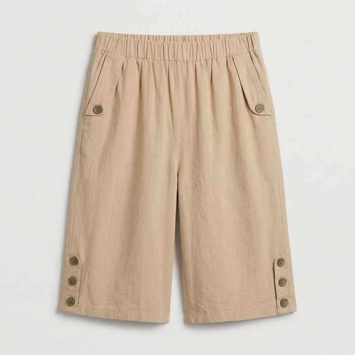 Women's Knee-Length Bermuda Shorts with Elastic Waist and Button Details